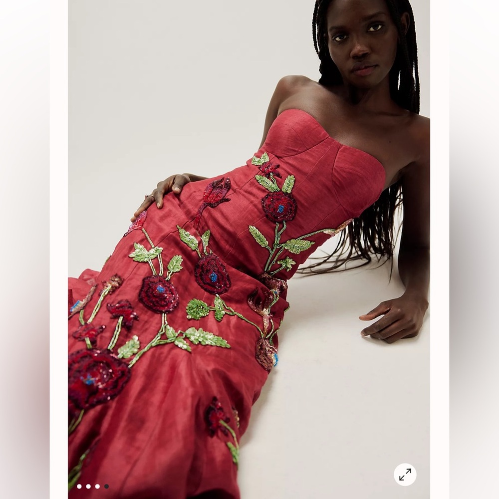 Free People La Fouri Layla Floral Embroidered Beaded Silk Corset Gown Dress